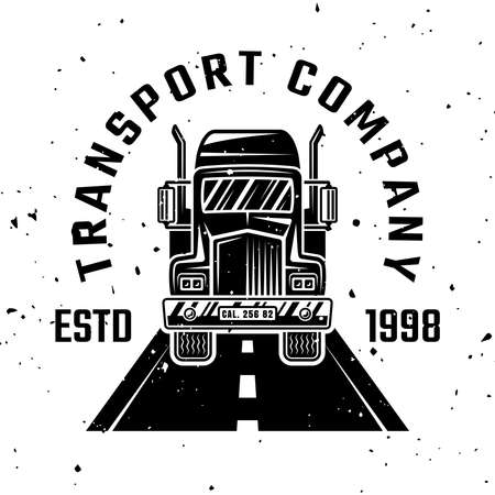 Truck on road vector monochrome emblem, badge, label   for transport company isolated on white background with removable texturesのイラスト素材