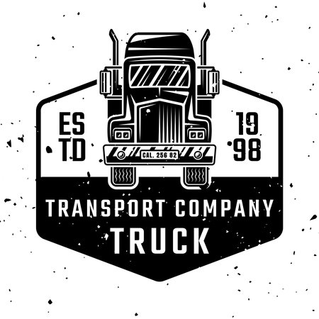 Cargo transport company vector monochrome emblem, badge, label  with truck isolated on white background with removable texturesのイラスト素材