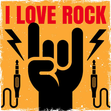 Rock hand gesture bright colored square banner with text i love rock and two audio jacksのイラスト素材