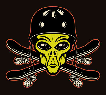Alien head in helmet and two crossed skateboards colorful vector illustration in cartoon style isolated on dark backgroundのイラスト素材