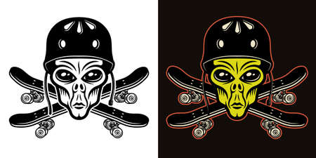 Alien head in helmet and two crossed skateboards vector illustration in two styles black on white and colorful on dark backgroundのイラスト素材
