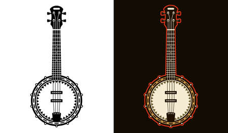 Banjo musical instrument two styles black on white and colorful on dark background vector illustrationのイラスト素材