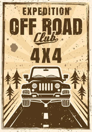 Off road vector poster in vintage style with headline text and grunge textures on separate layerのイラスト素材