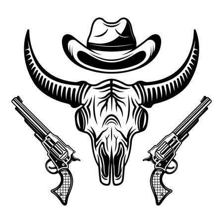 Buffalo skull, cowboy hat and two pistols vector black illustration isolated on white backgroundのイラスト素材
