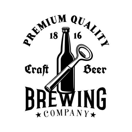 Brewing vector emblem, label, badge or logo in monochrome vintage style with beer bottle and opener isolated on white backgroundのイラスト素材
