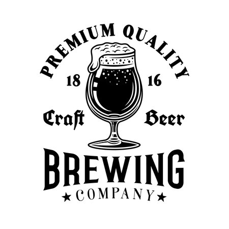 Beer vector emblem, label, badge or logo in monochrome vintage style with glass isolated on white backgroundのイラスト素材