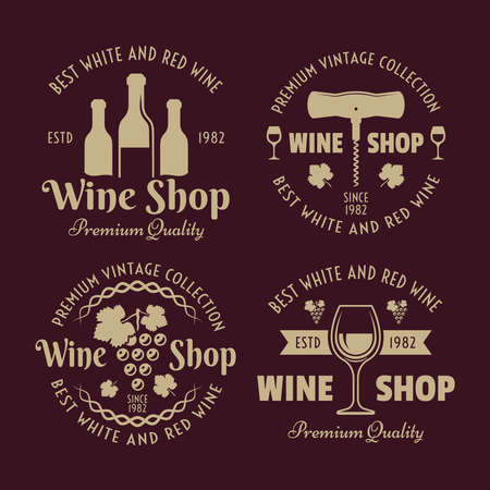 Wine shop set of colored vector emblems, labels, badges or logos in vintage styleのイラスト素材