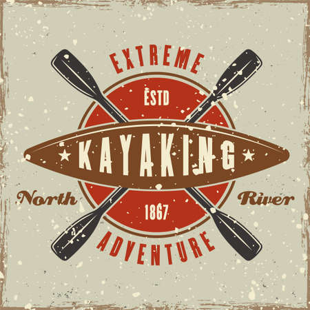 Kayak and rays colored emblem, badge, label or logo vector illustration in retro style with grunge textures and scratchesのイラスト素材
