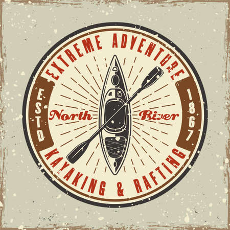 Kayaking club colored round emblem, badge, label or logo vector illustration in retro style with grunge textures and scratchesのイラスト素材