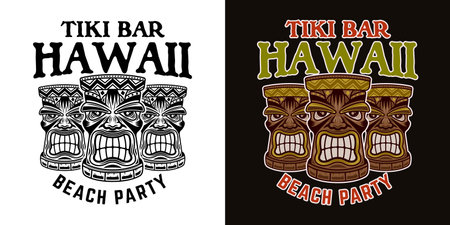 Hawaiian tiki wooden heads two styles black on white and colorful on dark background vector illustrationのイラスト素材