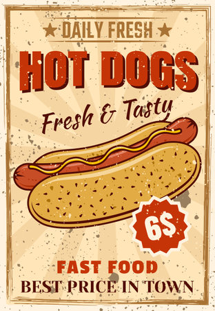 Hot dog colored advertising poster in vintage style for fast food institution with grunge textures and sample text on separate layersのイラスト素材