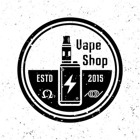 Vape shop and electronic cigarettes vector monochrome round emblem, label, badge  in vintage style on background with removable grunge texturesのイラスト素材