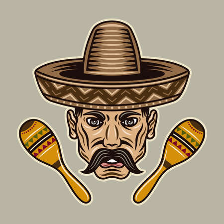 Mexican man head with mustache in sombrero hat and two maracas vector illustration in colorful cartoon style isolated on light backgroundのイラスト素材