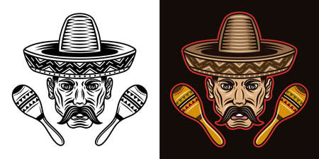 Mexican man head with mustache in sombrero hat and two maracas vector illustration in two styles black on white and colorful on dark backgroundのイラスト素材