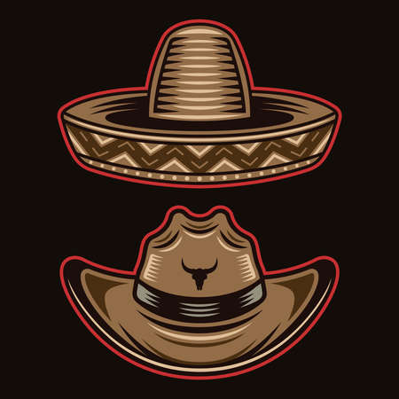 Cowboy hat and sombrero vector objects or design elements in colorful style on dark background. Set of western headdressのイラスト素材