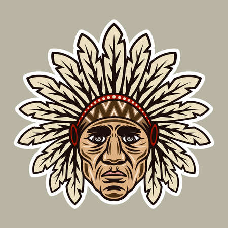 Chief head native american in traditional indian headdress with feathers vector illustration in colorful cartoon style isolated on light backgroundのイラスト素材