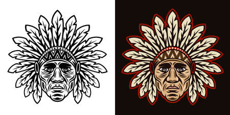 Chief head native american in traditional indian headdress with feathers vector illustration in two styles black on white and colorful on dark backgroundのイラスト素材