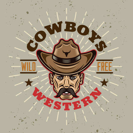 Western vector vintage round emblem, label, badge  with cowboy head in colorful cartoon style on light backgroundのイラスト素材
