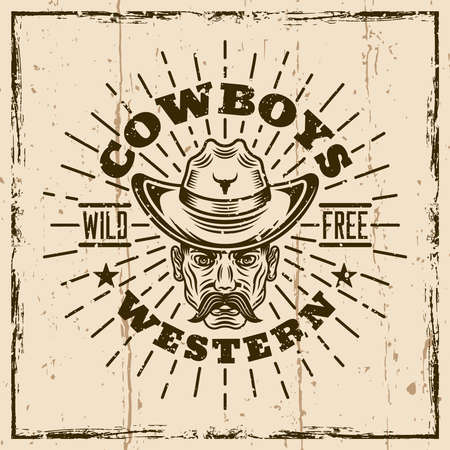 Western colored vector vintage emblem, badge, label or t-shirt print with cowboy head in hat and rays. Illustration on background with grunge textures and frame vector illustrationのイラスト素材