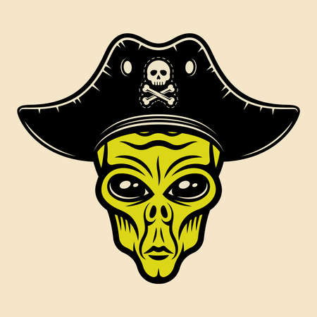 Alien head in pirate hat vector illustration in colorful cartoon style isolated on light backgroundのイラスト素材