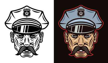 Policeman in hat with mustache vector illustration in two styles black on white and colorful on dark backgroundのイラスト素材