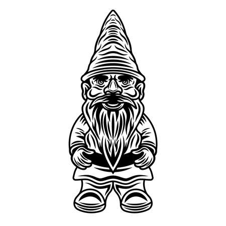 Garden gnome full length vector illustration in monochrome vintage style isolated on white backgroundのイラスト素材