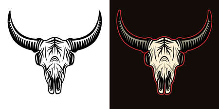 Bull or bison skull head in two styles black on white and colorful on dark background vector illustrationのイラスト素材