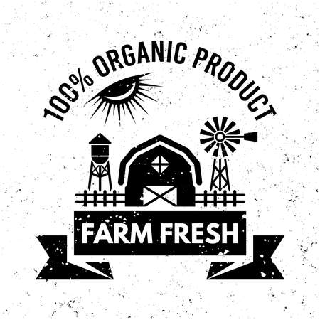 Farm and farming vector monochrome emblem, label, badge in vintage style on background with removable grunge texturesのイラスト素材