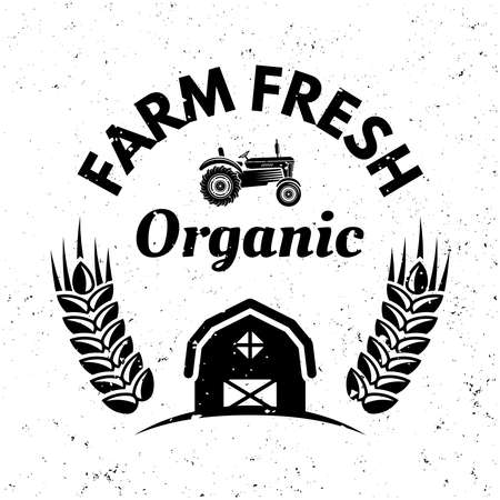 Farm fresh and farming vector monochrome emblem, label, badge  in vintage style on background with removable grunge texturesのイラスト素材