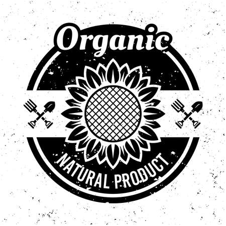 Sunflower organic products vector monochrome emblem, label, badge   in vintage style on background with removable grunge texturesのイラスト素材
