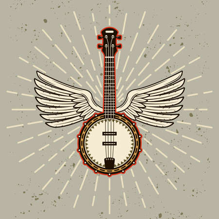 Banjo with angelic wings and rays in colorful style isolated on light background with removable textures vector illustrationのイラスト素材