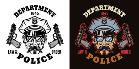 Policeman head in cap with mustache and two guns vector emblem, label, badge in two styles black on white and colorful on dark backgroundのイラスト素材
