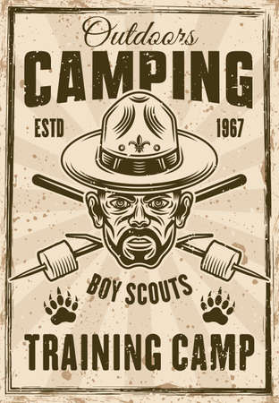 Camping and outdoors vector poster in vintage style with head of boy scout in hat and two crossed marshmallow on sticks. Layered, separate grunge texture and textのイラスト素材