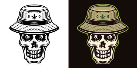 Skull in bucket hat with marijuana leaf vector illustration in two styles black on white and colorful on dark backgroundのイラスト素材