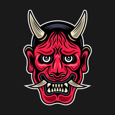 Hannya japanese theatre mask with horns, demon face vector illustration in vintage colorful style on dark backgroundのイラスト素材