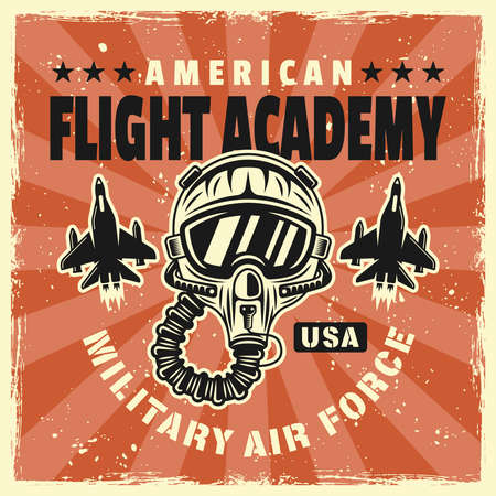 Flight academy vector emblem, badge, label, logo or t-shirt print with pilot helmet in colored vintage style on background with removable grunge texturesのイラスト素材