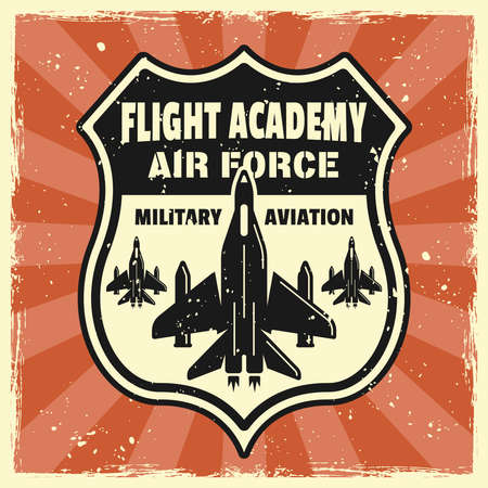 Military aviation vector emblem, badge, label, logo or t-shirt print in colored vintage style on background with removable grunge texturesのイラスト素材