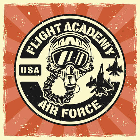 Military aviation, flight academy vector emblem, badge, label, logo or t-shirt print with pilot helmet in colored vintage style on background with removable grunge texturesのイラスト素材