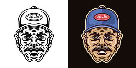 Plumber with mustache in cap vector illustration in two styles black on white and coloredのイラスト素材