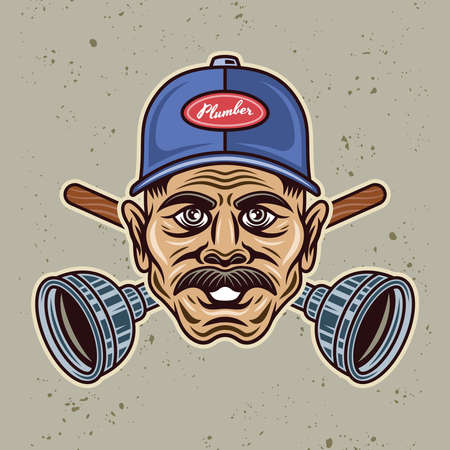 Plumber man with mustache in cap and two crossed plungers vector illustration in colorful cartoon style isolated on light backgroundのイラスト素材