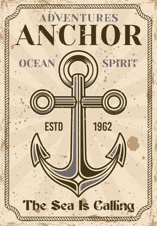 Nautical vector poster in vintage style with anchor, illustration with grunge textures on separate layersのイラスト素材