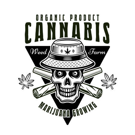 Marijuana growing farm vector emblem, badge, label or logo with skull in bucket hat and two crossed weed joints. Illustration in vintage monochrome style isolated on white backgroundのイラスト素材