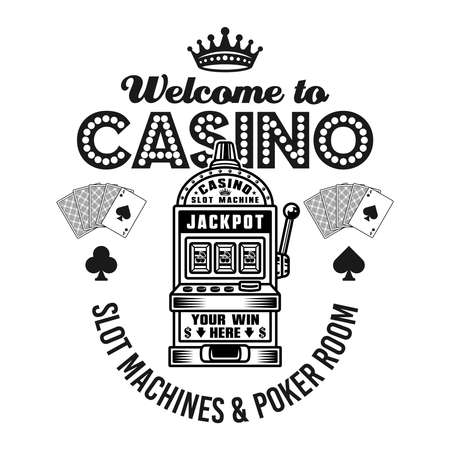 Casino vector emblem, badge, label or logo with slot machine in vintage monochrome style isolated on white backgroundのイラスト素材