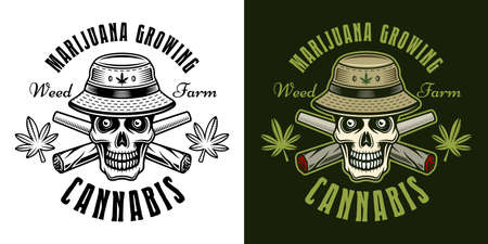 Marijuana growing farm vector emblem, badge, label or logo with skull in bucket hat and two crossed weed joints two styles black on white and colorful on dark bacgkroundのイラスト素材