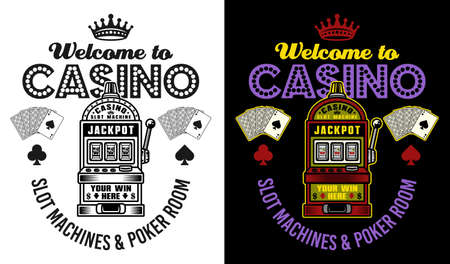 Casino vector emblem, badge, label or logo with slot machine in two styles black on white and colored on dark backgroundのイラスト素材
