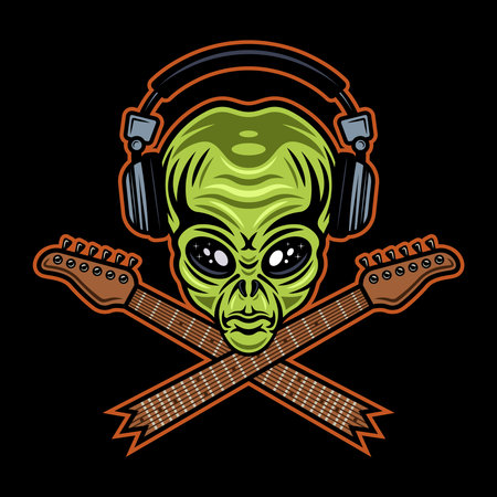 Alien green head in headphones and two crossed guitar neck character vector illustration in style isolated on dark backgroundのイラスト素材