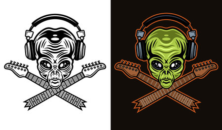 Alien head in headphones and two crossed guitar neck set of vector illustration in two styles black on white and colorful on dark backgroundのイラスト素材