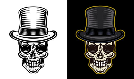 Gentleman skull in cylinder hat vector illustration in two styles monochrome on white and colorful on dark backgroundのイラスト素材