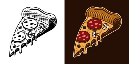 Pizza slice vector object in two styles monochrome and colorful illustrationのイラスト素材