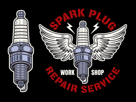 Spark plug with wings vector illustration in colored style on dark background. Repair service vintage emblem, logo, badge, label, stickerのイラスト素材